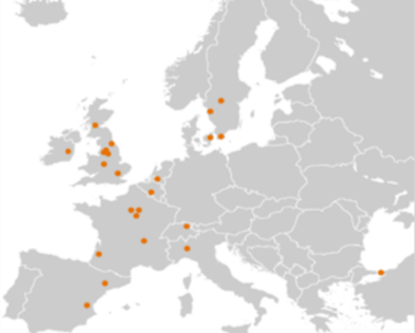 A distribution map of data centres across Europe and the Middle East