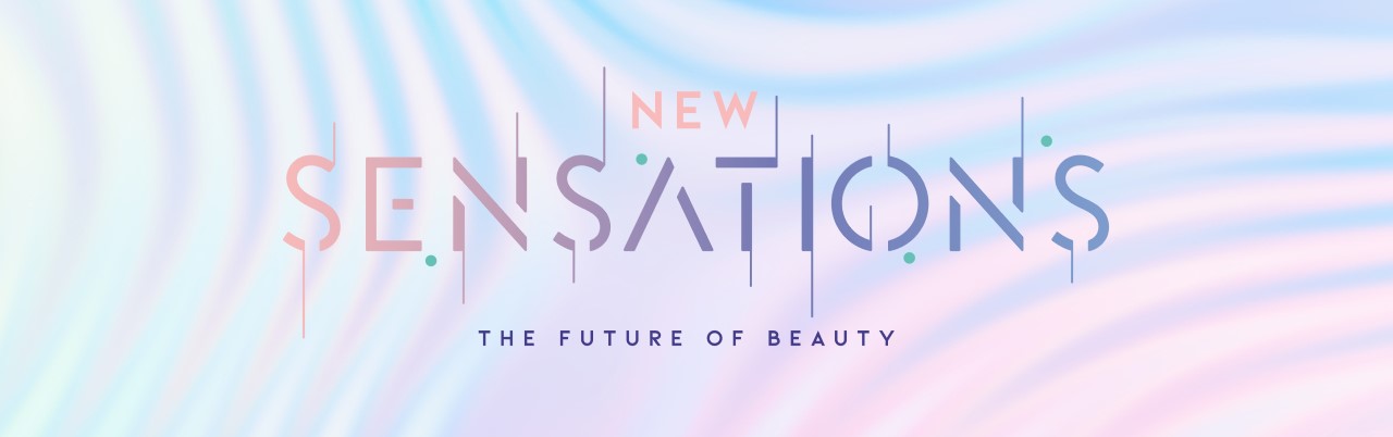 Futuristic background with the words "New Sensations, The future of beauty"