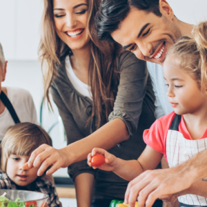 Sustainable family dinner enjoyed during a multi-generational family gathering.